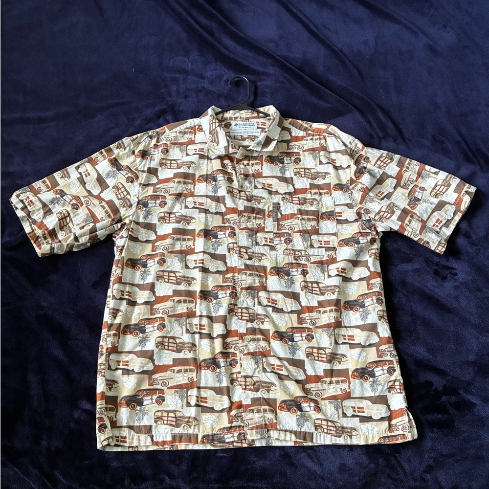 Columbia Mens Large Hawaiian Vintage cars Print Shirt Button Down Short Sleeve